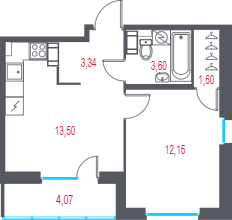 1-комнатная квартира, 36.23 м² в ЖК "Город-спутник Южный" - планировка, фото №1
