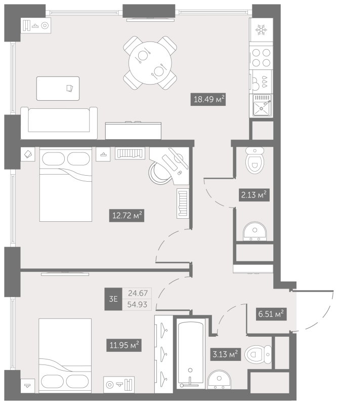 2-комнатная квартира, 54.93 м² - планировка, фото №1