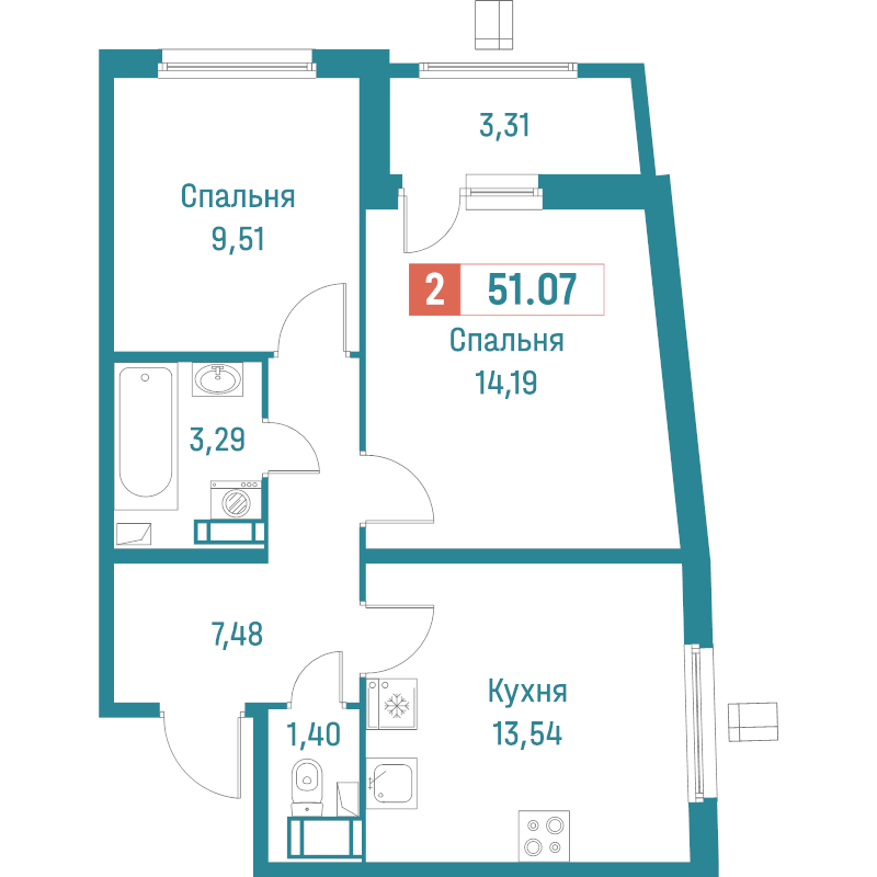 2-комнатная квартира, 51.07 м² в ЖК "Графика" - планировка, фото №1