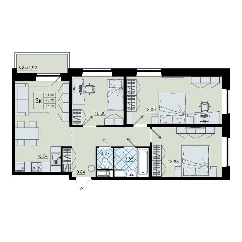 4-комнатная (Евро) квартира, 77.7 м² - планировка, фото №1