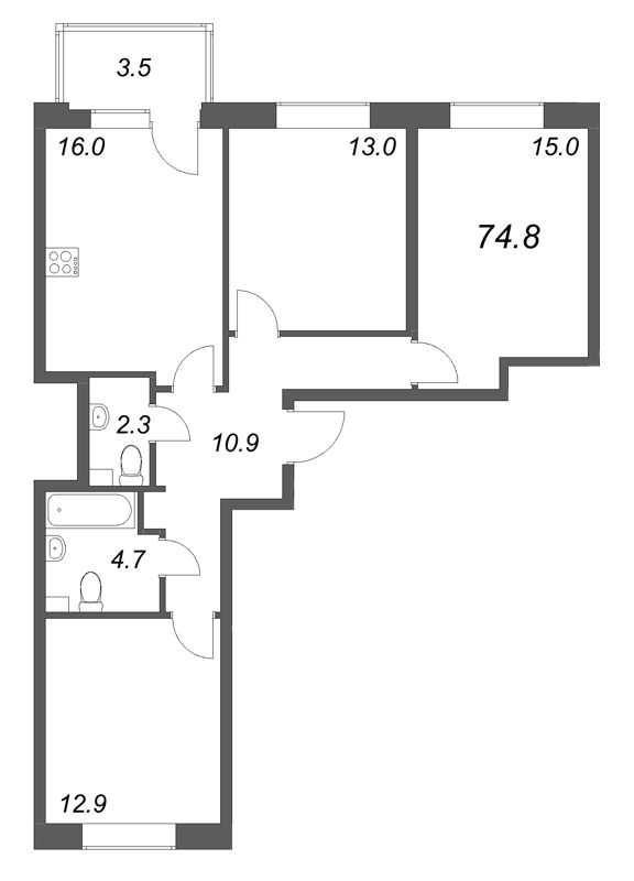 4-комнатная (Евро) квартира, 74.8 м² в ЖК "М36" - планировка, фото №1