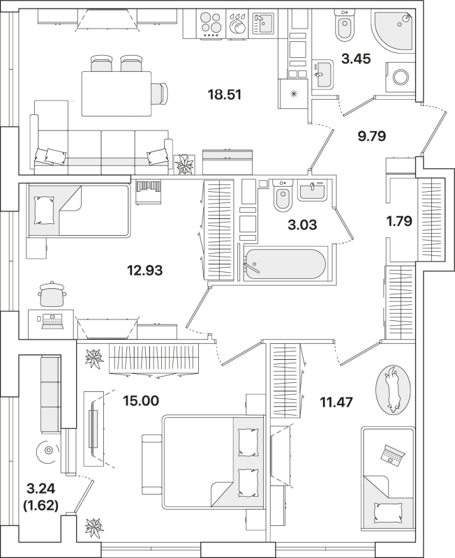 3-комнатная квартира, 77.59 м² - планировка, фото №1