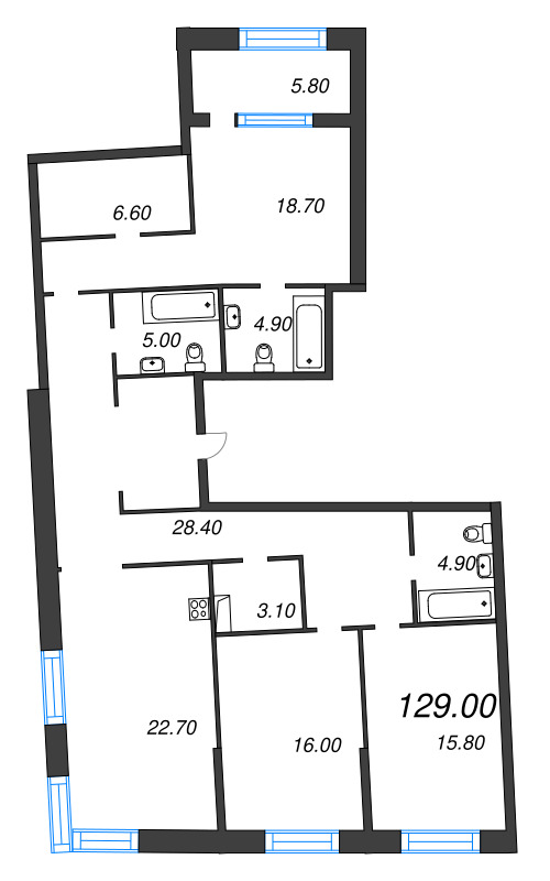 4-комнатная (Евро) квартира, 129 м² в ЖК "ЛДМ" - планировка, фото №1