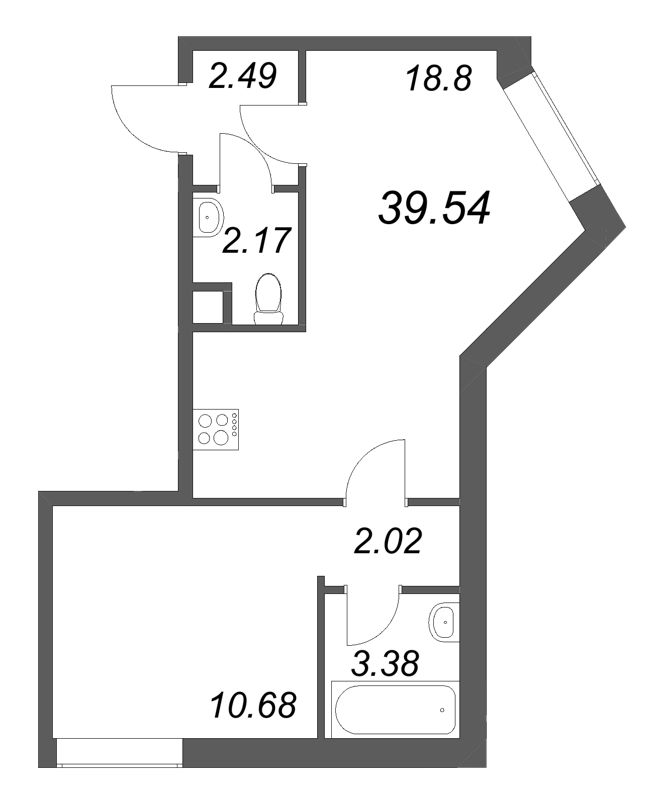 2-комнатная (Евро) квартира, 39.54 м² в ЖК "Соло. Петергоф" - планировка, фото №1