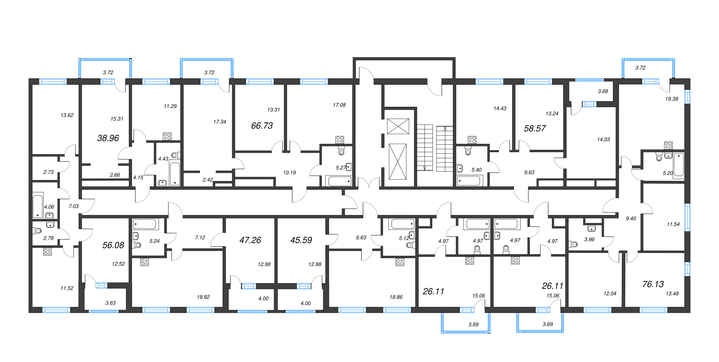 2-комнатная (Евро) квартира, 45.59 м² - планировка этажа