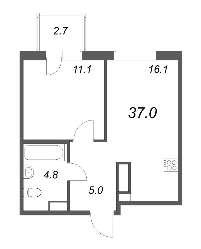 2-комнатная (Евро) квартира, 37 м² в ЖК "Куинджи" - планировка, фото №1