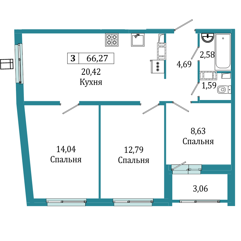 3-комнатная квартира, 66.27 м² в ЖК "Графика" - планировка, фото №1
