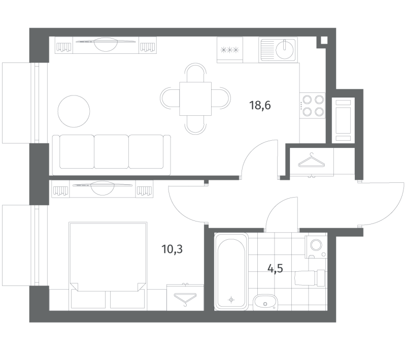 2-комнатная (Евро) квартира, 38 м² в ЖК "Парусная 1" - планировка, фото №1