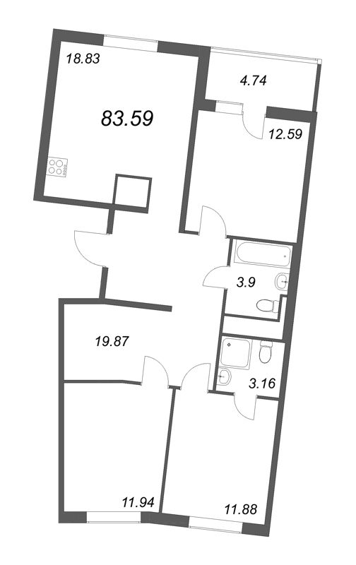 4-комнатная (Евро) квартира, 85.01 м² - планировка, фото №1