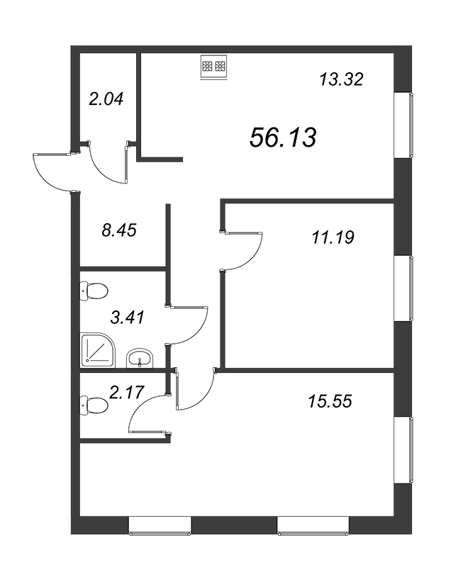 2-комнатная квартира, 56.13 м² - планировка, фото №1