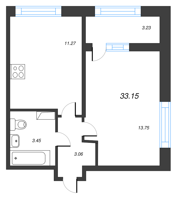 1-комнатная квартира, 33.15 м² - планировка, фото №1