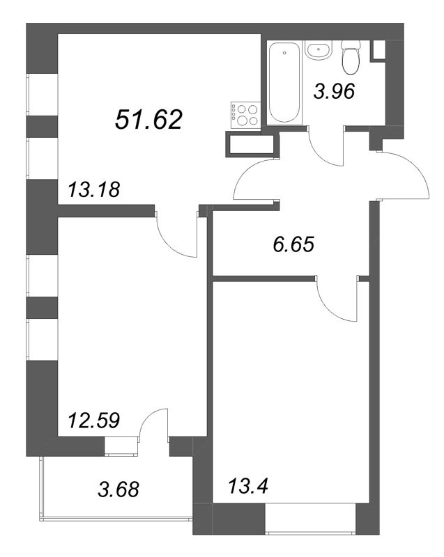 2-комнатная квартира, 51.62 м² в ЖК "Аквилон Солар" - планировка, фото №1