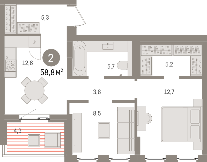 2-комнатная квартира, 58.8 м² в ЖК "Брусника в Новоселье" - планировка, фото №1