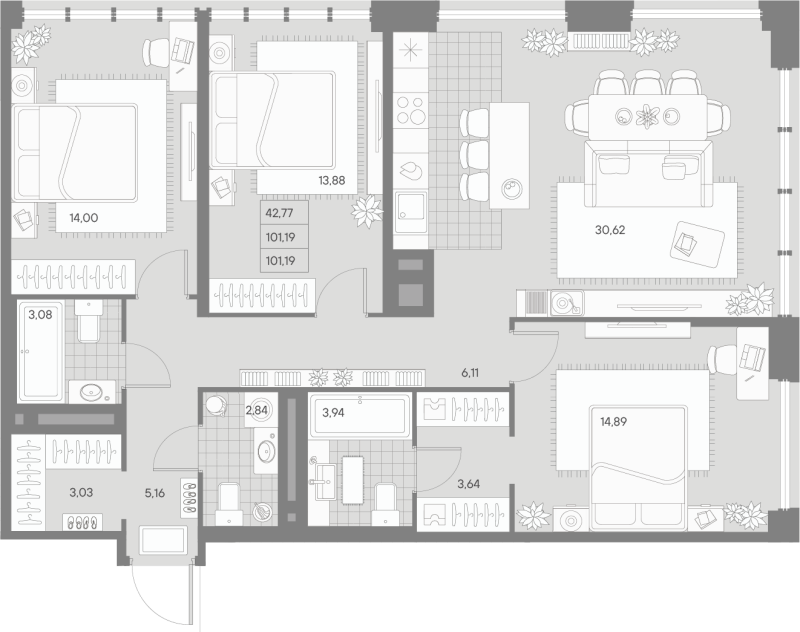 4-комнатная (Евро) квартира, 101.19 м² - планировка, фото №1