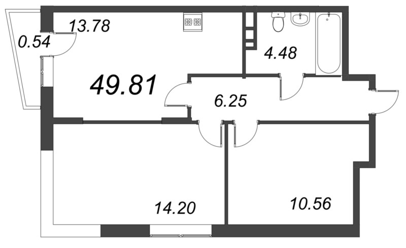 2-комнатная квартира, 49.81 м² - планировка, фото №1