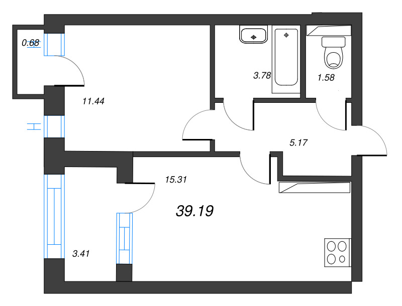 1-комнатная квартира, 39.19 м² - планировка, фото №1