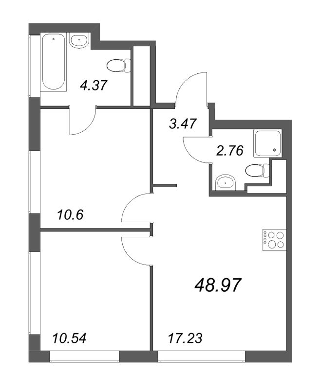 3-комнатная (Евро) квартира, 48.97 м² - планировка, фото №1