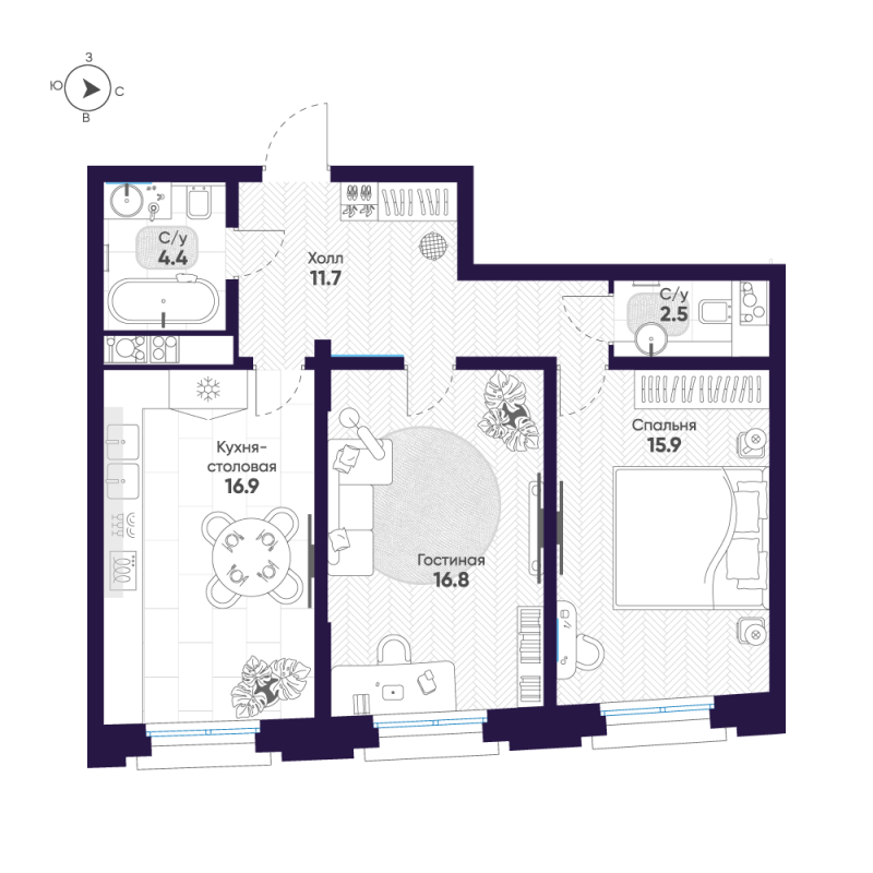 3-комнатная (Евро) квартира, 68.2 м² в ЖК "Mariinka Deluxe" - планировка, фото №1