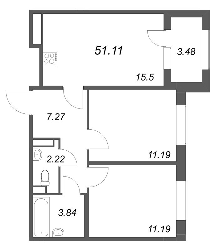 3-комнатная (Евро) квартира, 51.11 м² в ЖК "Дубровский" - планировка, фото №1