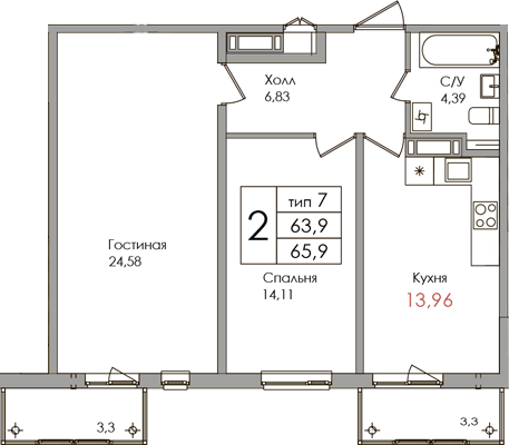 2-комнатная квартира, 63.9 м² - планировка, фото №1