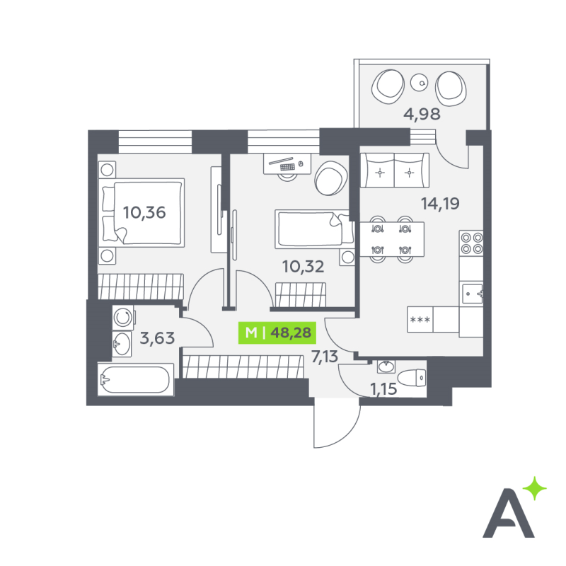 2-комнатная квартира, 48.28 м² в ЖК "Аквилон Verba" - планировка, фото №1