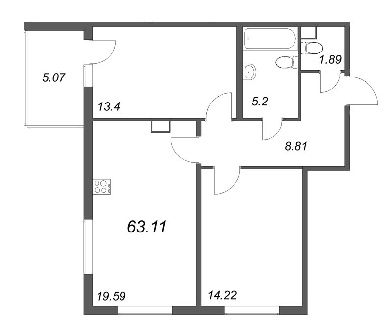 3-комнатная (Евро) квартира, 63.11 м² в ЖК "Любоград" - планировка, фото №1