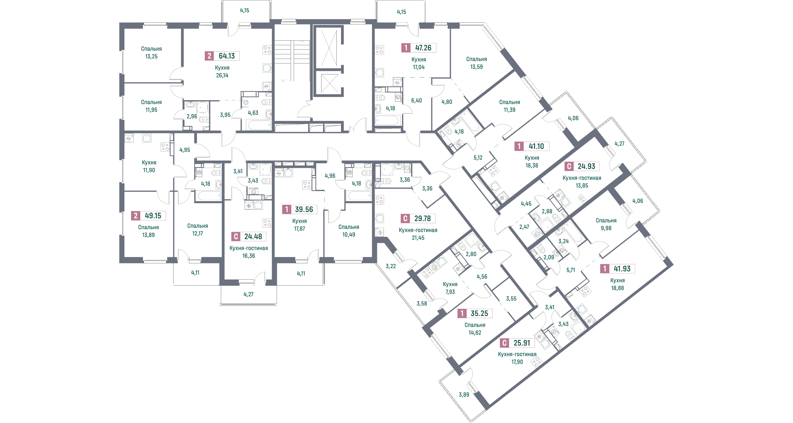 2-комнатная (Евро) квартира, 47.26 м² - планировка этажа
