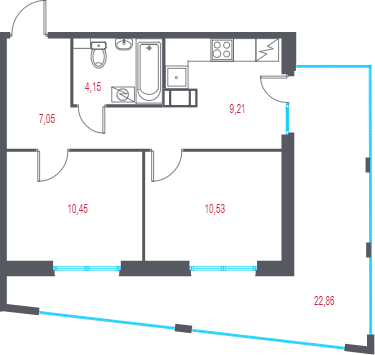 2-комнатная квартира, 48.25 м² - планировка, фото №1