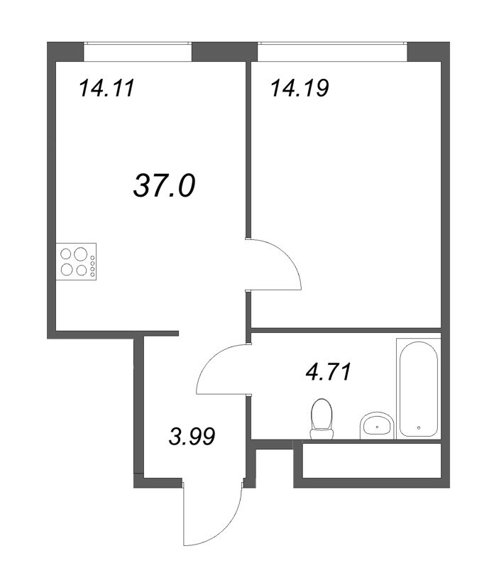 1-комнатная квартира, 37 м² - планировка, фото №1