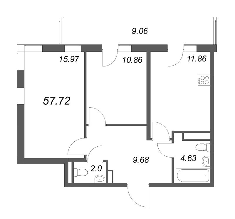 2-комнатная квартира, 57.72 м² в ЖК "Новая история" - планировка, фото №1