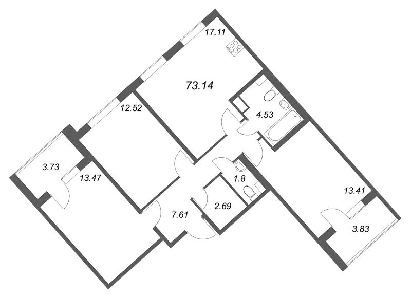 4-комнатная (Евро) квартира, 73.14 м² в ЖК "Любоград" - планировка, фото №1