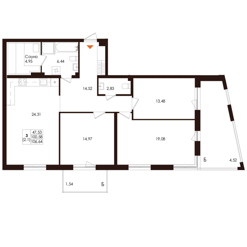 4-комнатная (Евро) квартира, 106.64 м² в ЖК "Лисино" - планировка, фото №1