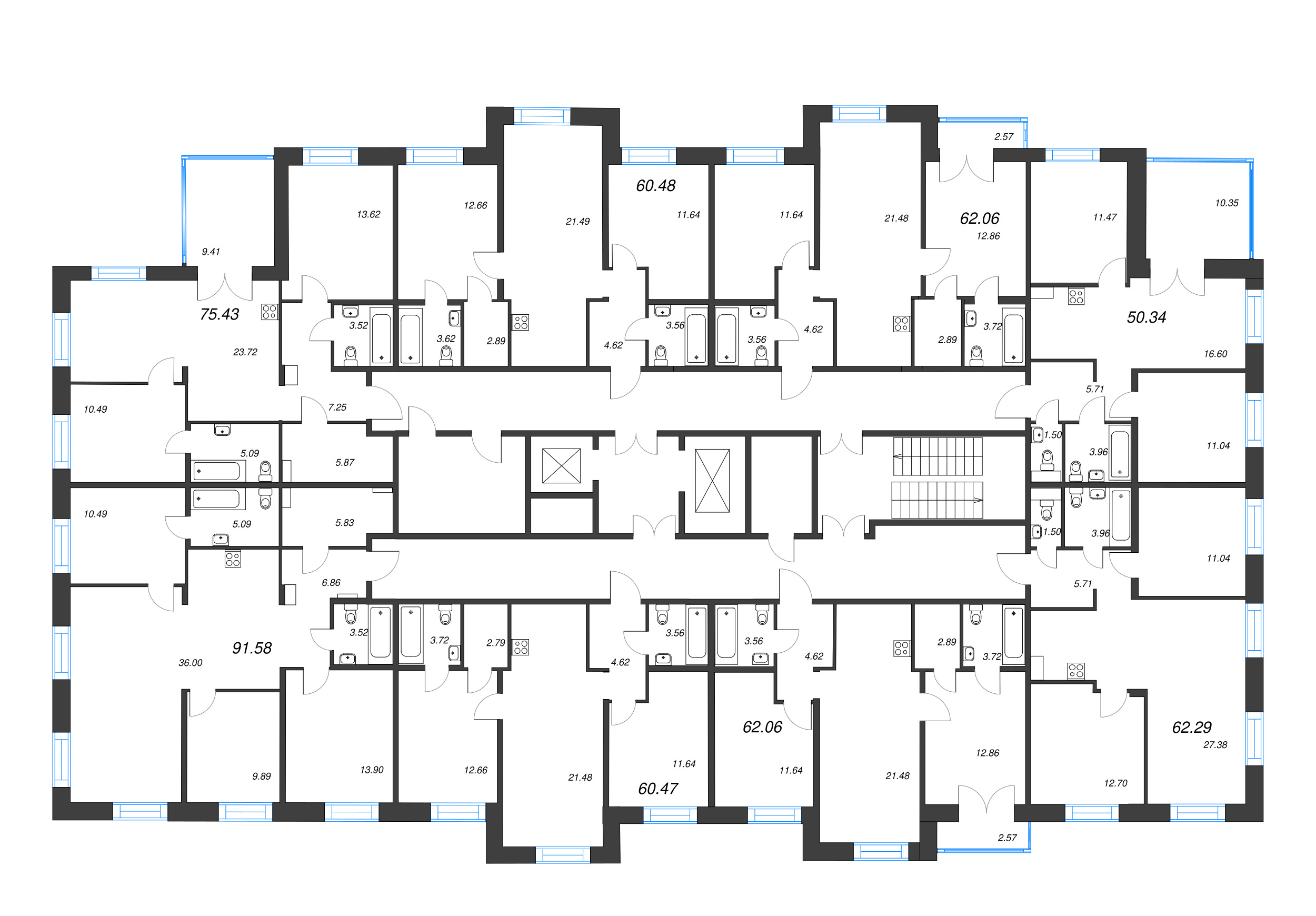 3-комнатная (Евро) квартира, 60.48 м² в ЖК "Alpen" - планировка этажа