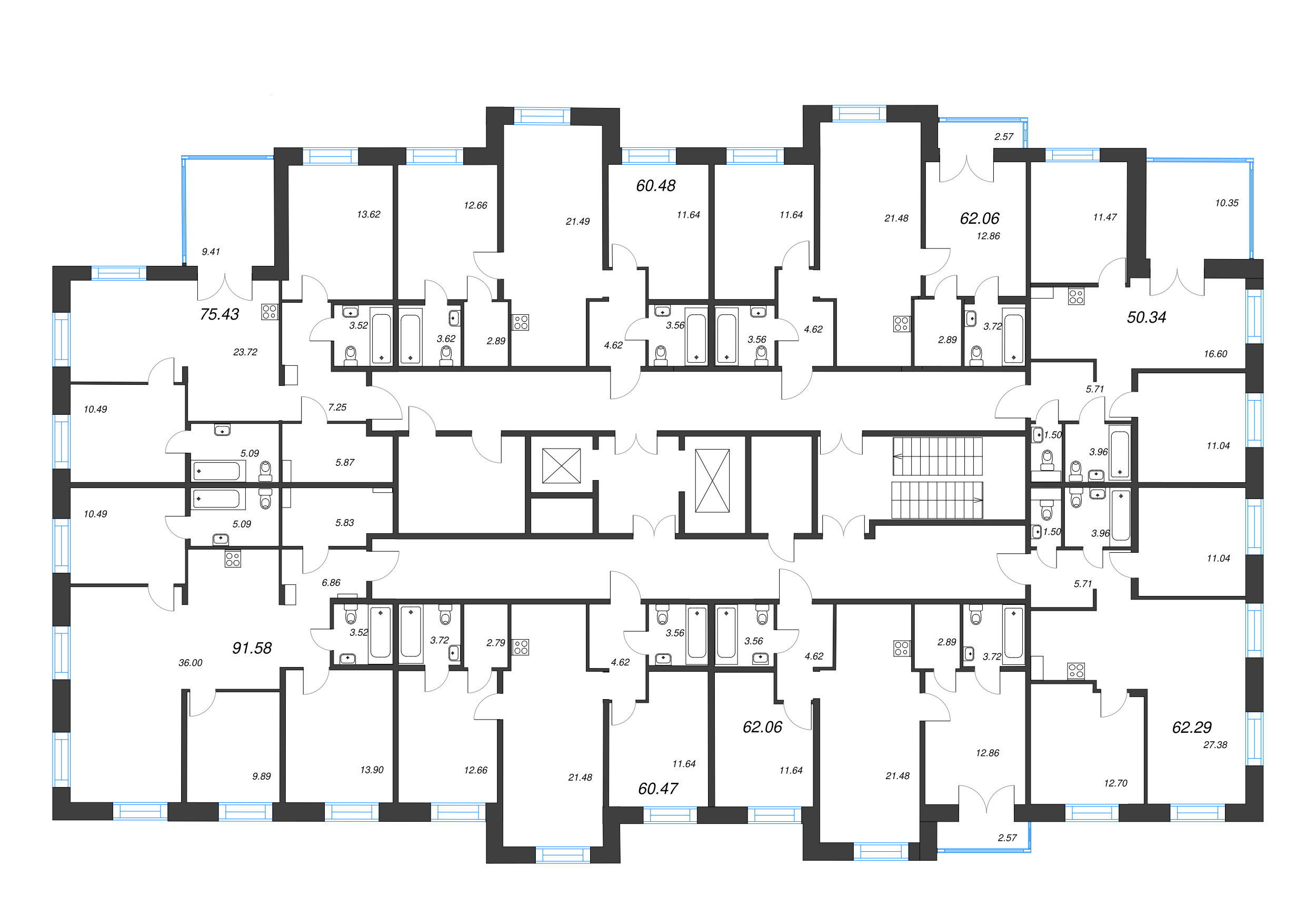 3-комнатная (Евро) квартира, 62.29 м² - планировка этажа