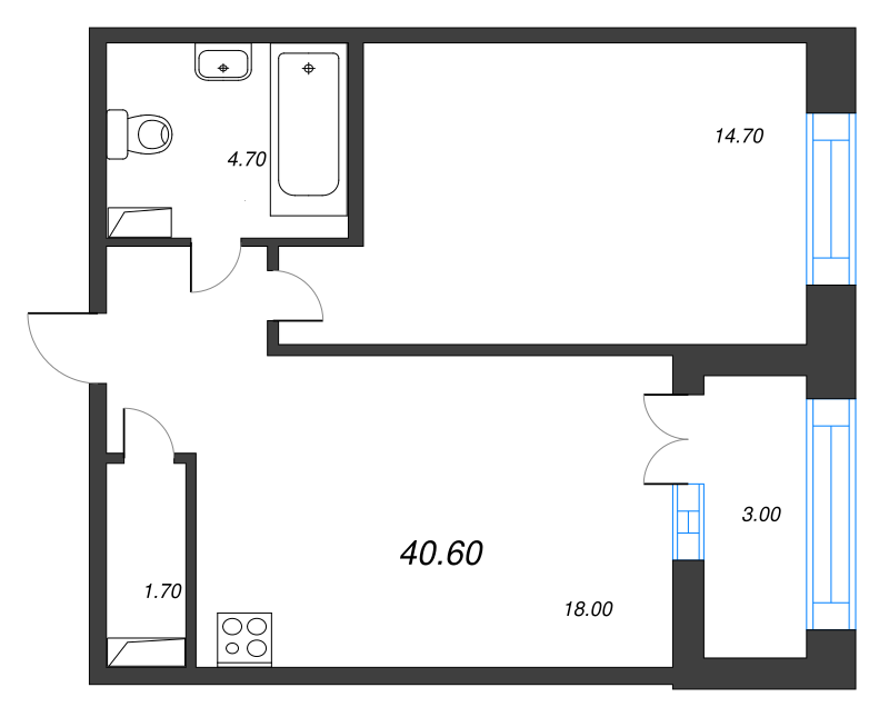 1-комнатная квартира, 40.6 м² - планировка, фото №1