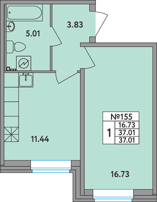 1-комнатная квартира, 36.5 м² в ЖК "Удача (Вита)" - планировка, фото №1