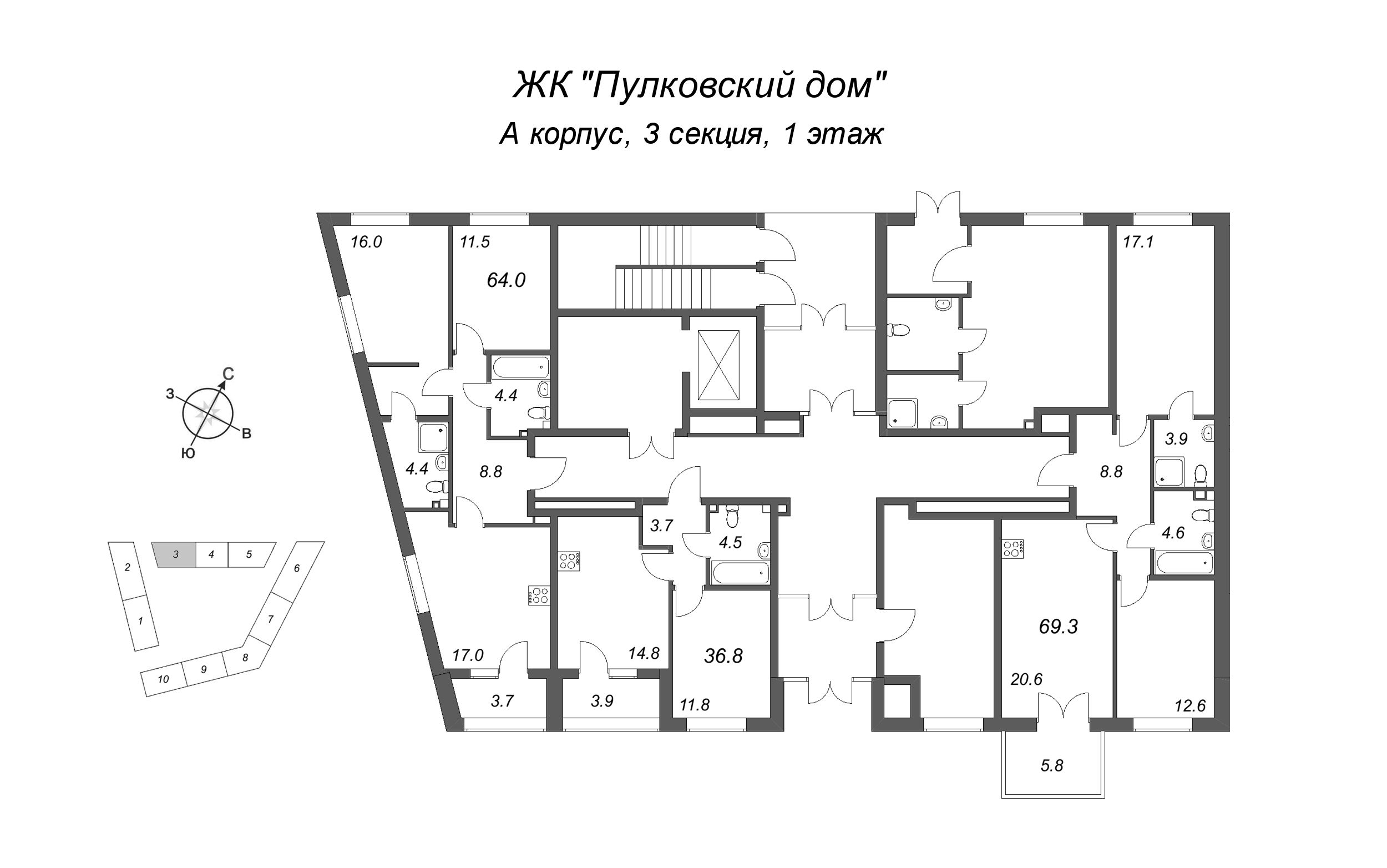 1-комнатная квартира, 36.8 м² в ЖК "Пулковский дом" - планировка этажа
