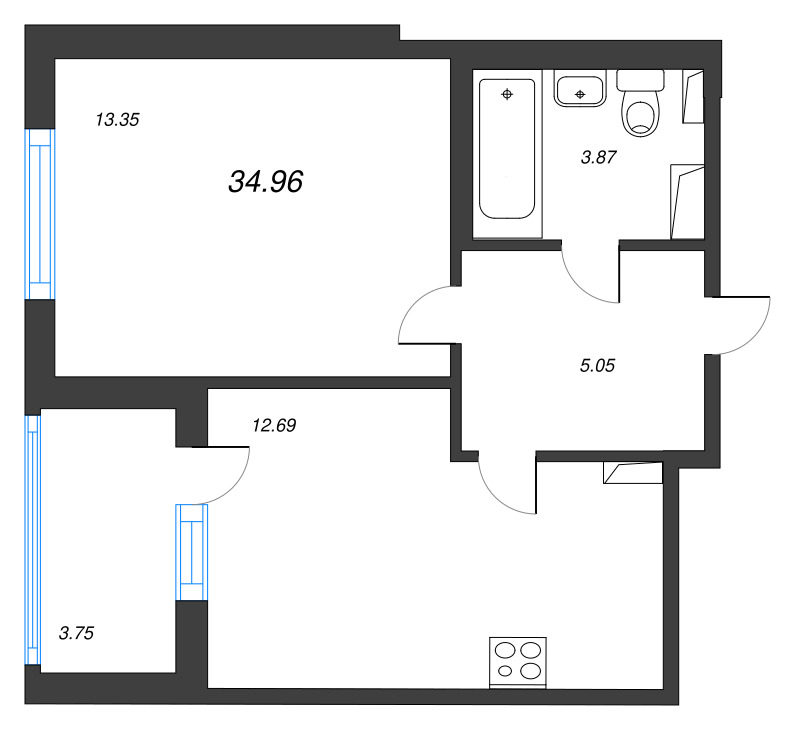 1-комнатная квартира, 34.96 м² в ЖК "Любоград" - планировка, фото №1