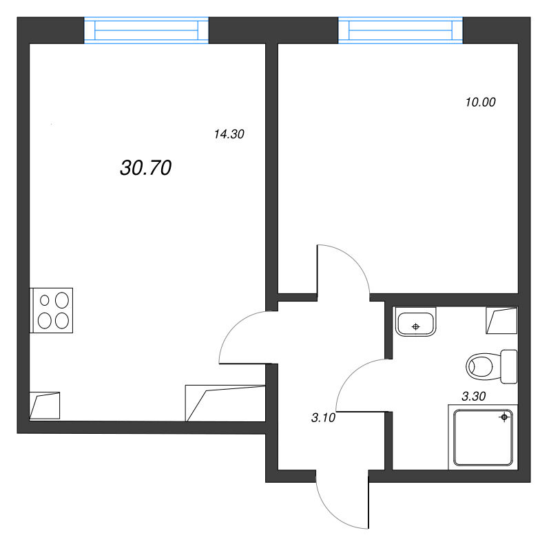 1-комнатная квартира, 30.7 м² - планировка, фото №1