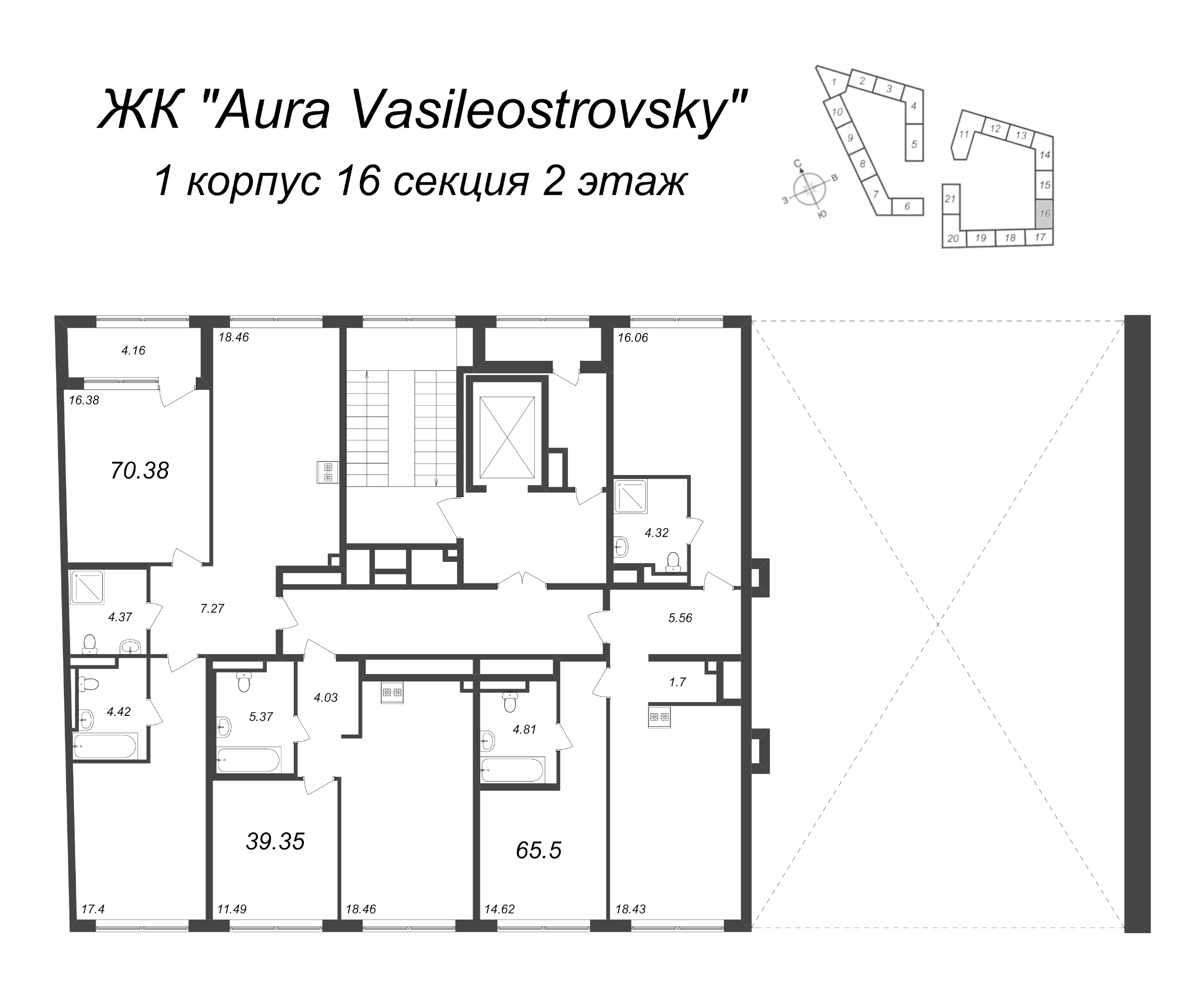 3-комнатная (Евро) квартира, 65.5 м² - планировка этажа