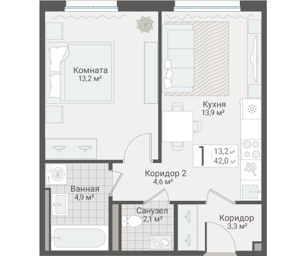 1-комнатная квартира, 42 м² в ЖК "Руднева 15" - планировка, фото №1