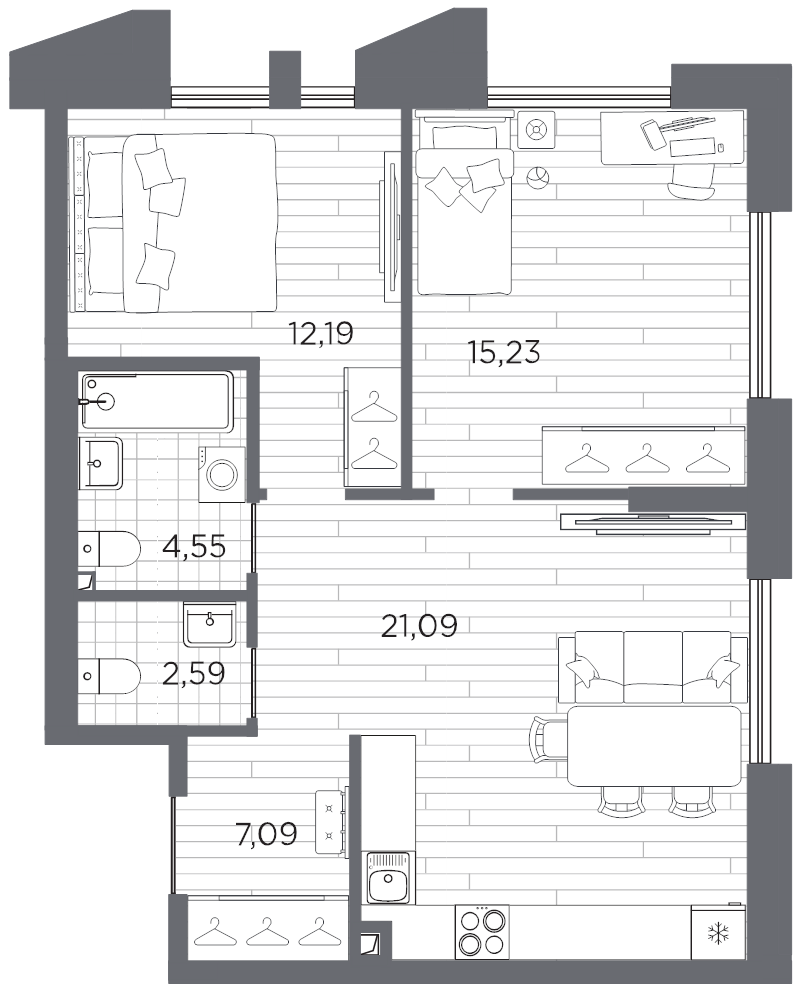 3-комнатная (Евро) квартира, 62.74 м² в ЖК "Галерная гавань" - планировка, фото №1
