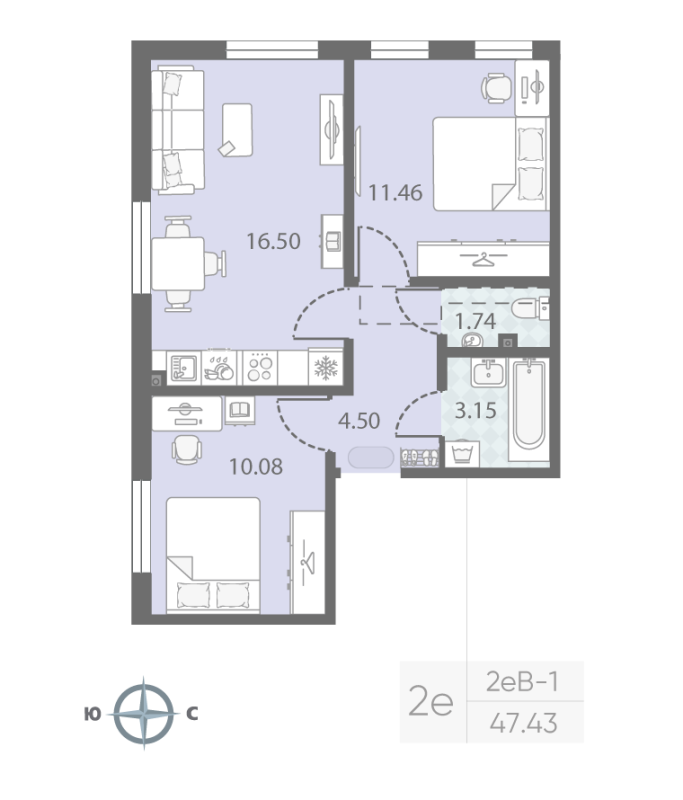 3-комнатная (Евро) квартира, 47.43 м² - планировка, фото №1