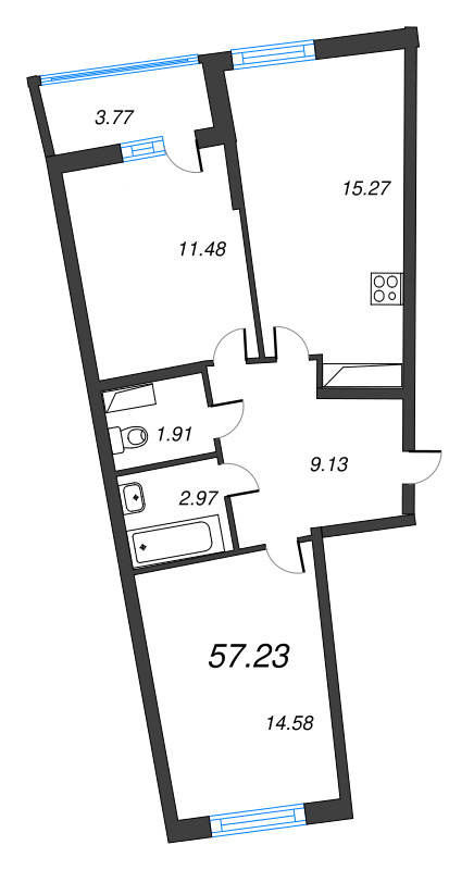 3-комнатная (Евро) квартира, 57.23 м² в ЖК "Дом Левитан" - планировка, фото №1