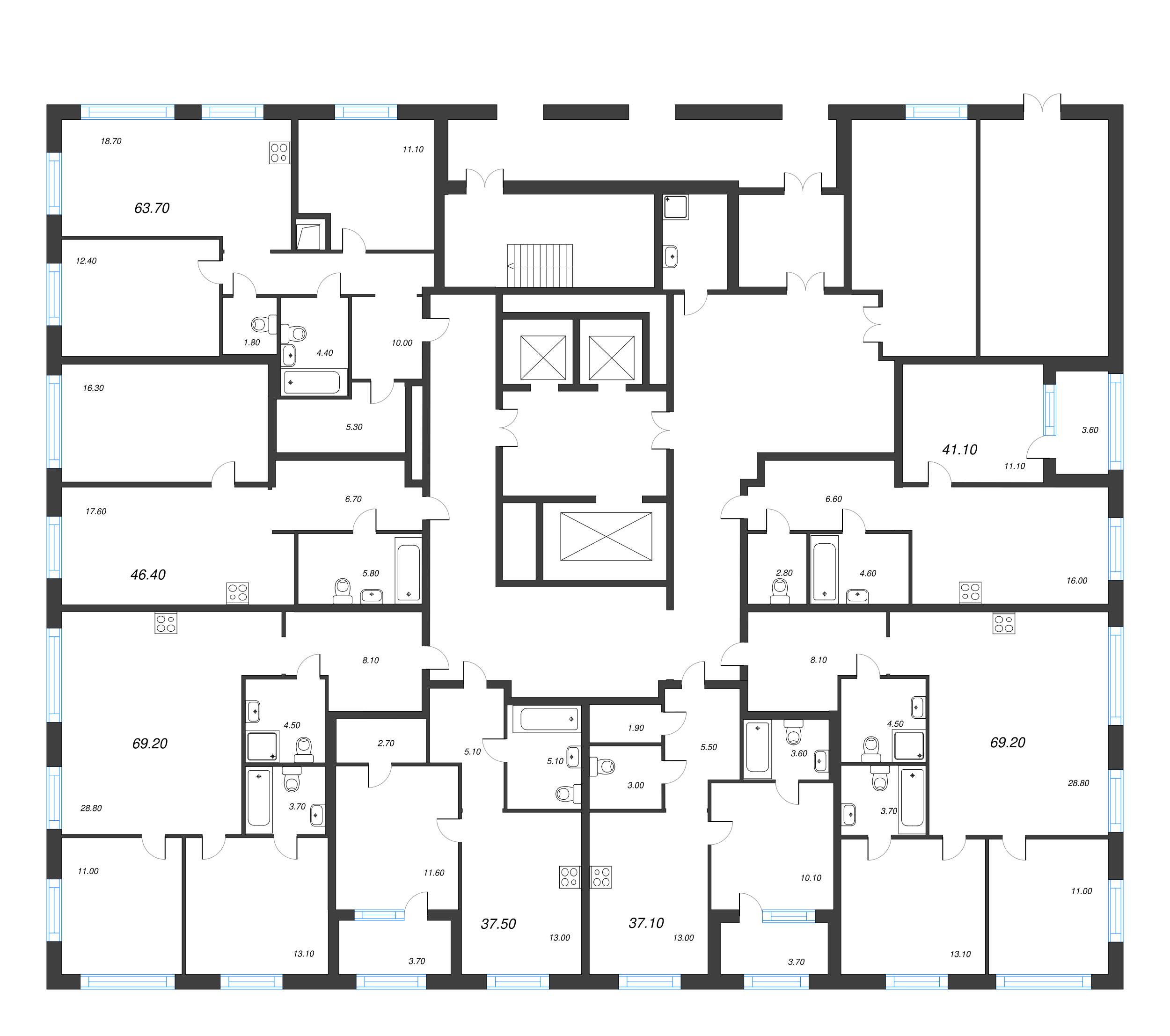 3-комнатная (Евро) квартира, 63.7 м² - планировка этажа