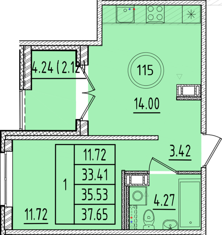 1-комнатная квартира, 33.41 м² - планировка, фото №1