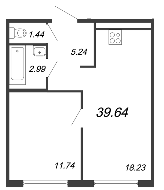 2-комнатная (Евро) квартира, 39.64 м² в ЖК "Волковский" - планировка, фото №1
