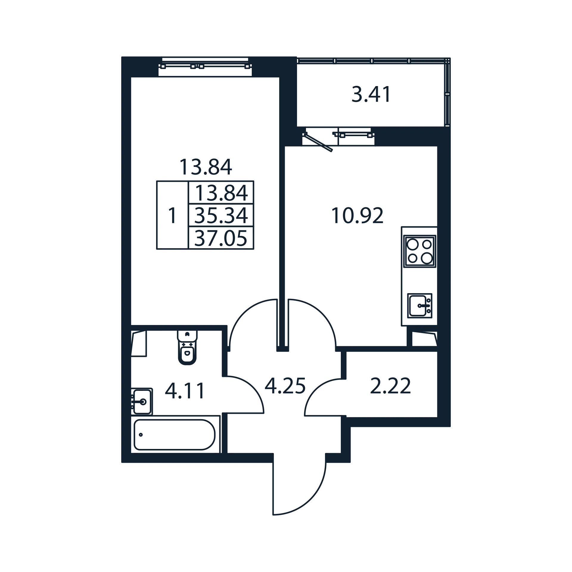 1-комнатная квартира, 35.34 м² в ЖК "Полис ЛАВрики" - планировка, фото №1