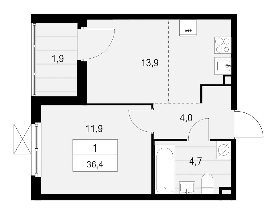 1-комнатная квартира, 36.4 м² в ЖК "А101 Лаголово" - планировка, фото №1