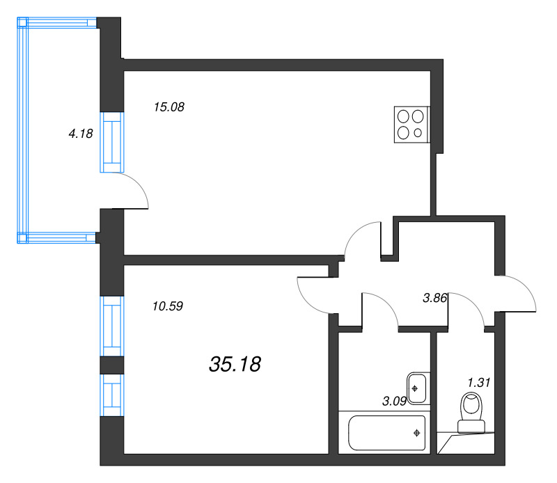 2-комнатная (Евро) квартира, 35.18 м² в ЖК "Аэросити" - планировка, фото №1